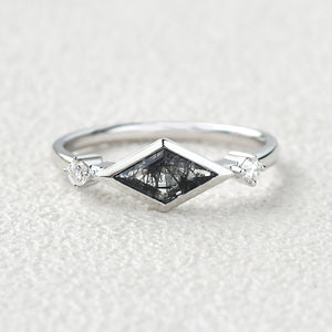East-West Moss Agate Rhombus Cut Bezel Set Ring