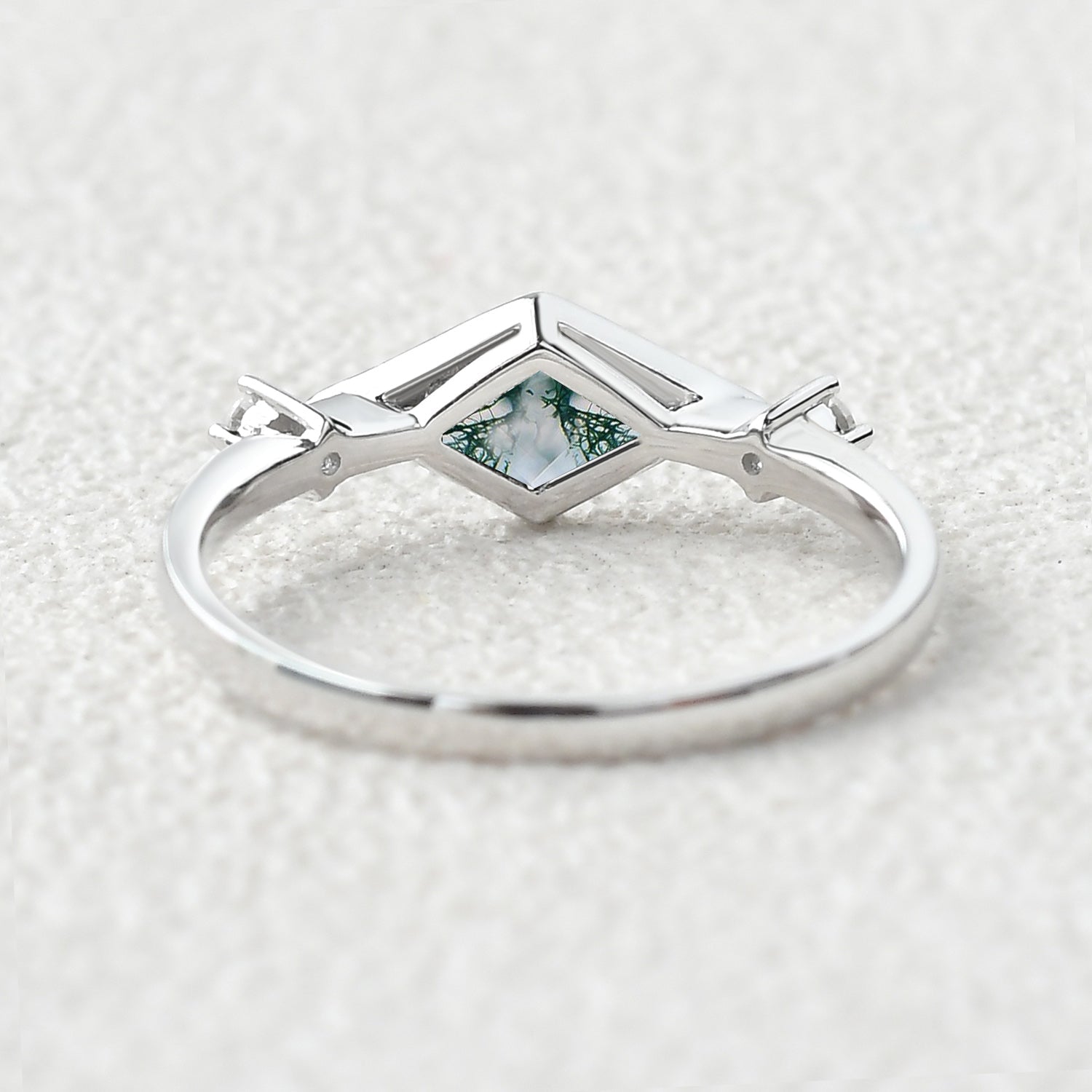East-West Moss Agate Rhombus Cut Bezel Set Ring