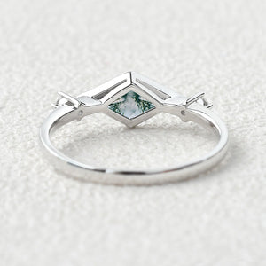 East-West Moss Agate Rhombus Cut Bezel Set Ring
