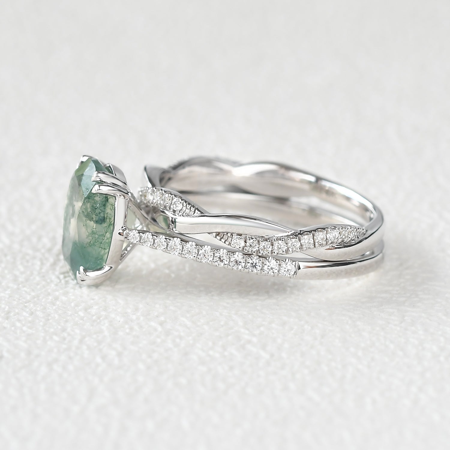 2.0ct Oval Moss Agate Rose Gold Ring Set 2pcs