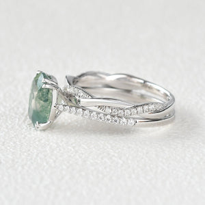 2.0ct Oval Moss Agate Rose Gold Ring Set 2pcs