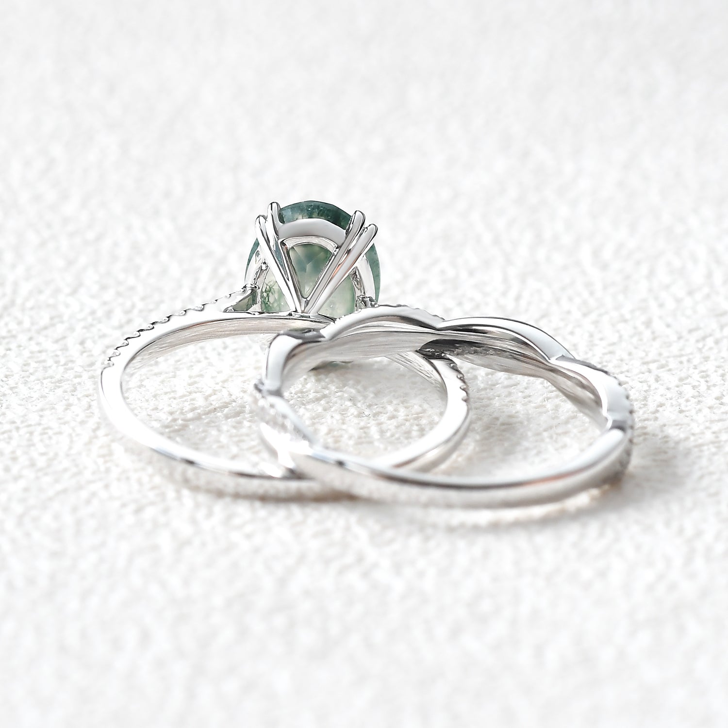 2.0ct Oval Moss Agate Rose Gold Ring Set 2pcs