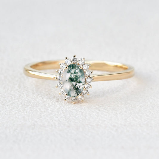 Lewis Oval CutMoss Agate & Moissanite Engagement Ring