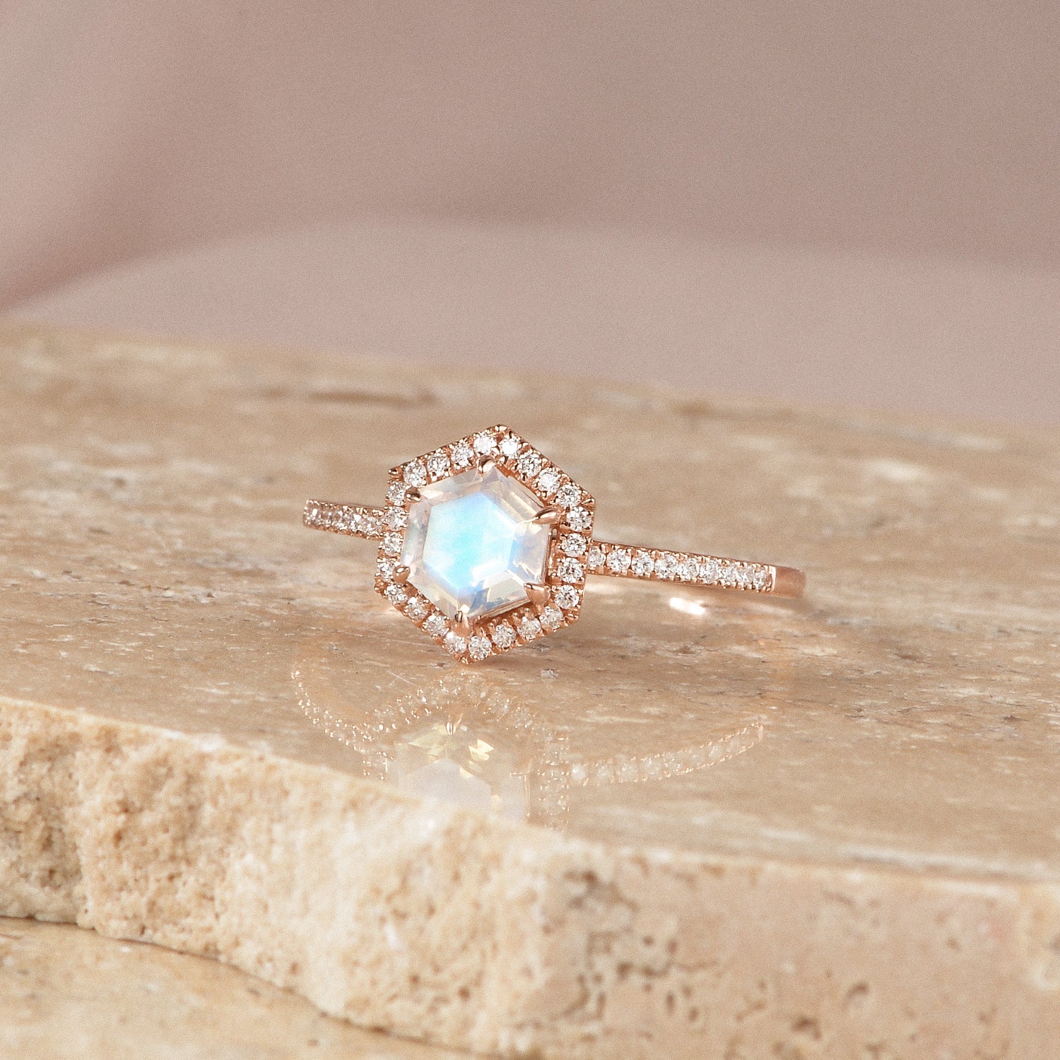 Vintage Hexagon Moonstone & Moissantie Halo Ring
