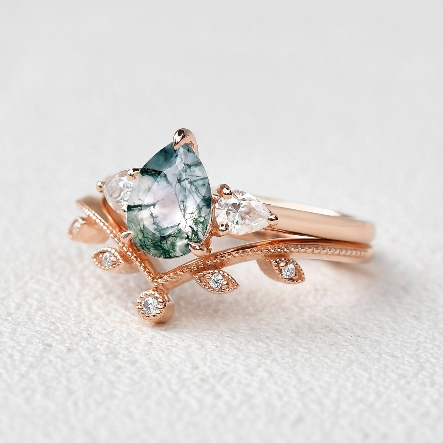 1.5ct Pear Shaped Moss Agate Three-stone Leafy Ring Set 2pcs