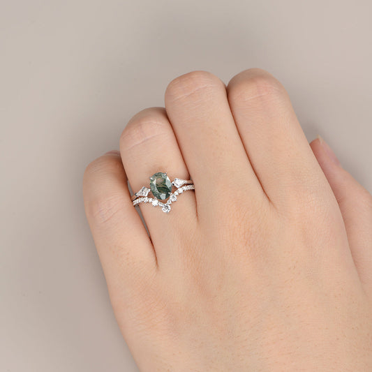 Black Gold Oval Moss Agate Three Stones Engagement Ring Set 2pcs