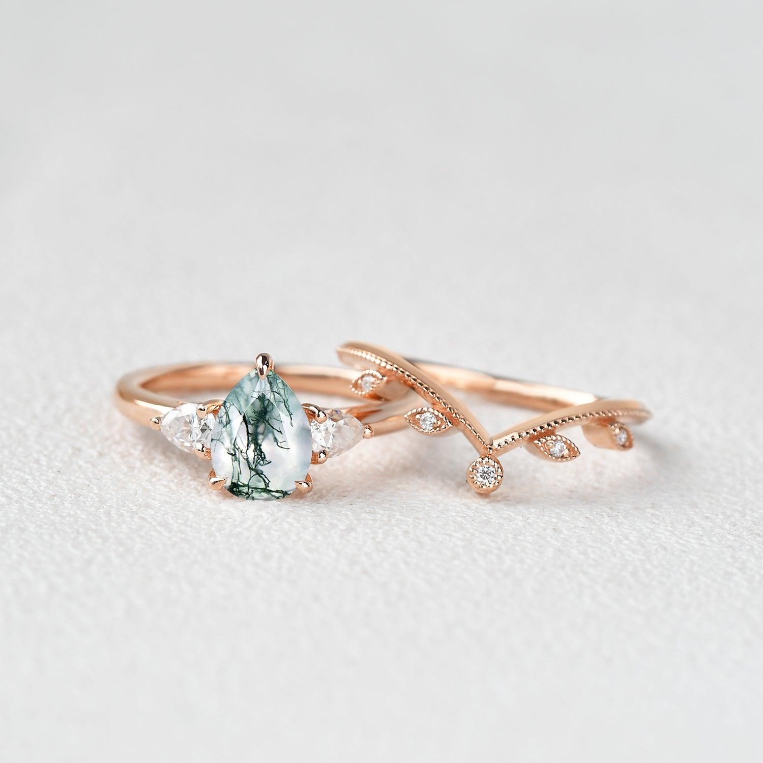 1.5ct Pear Shaped Moss Agate Three-stone Leafy Ring Set 2pcs