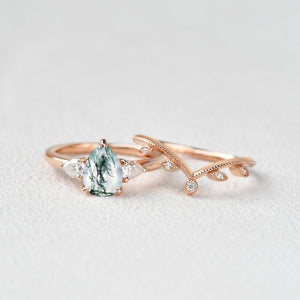 1.5ct Pear Shaped Moss Agate Three-stone Leafy Ring Set 2pcs