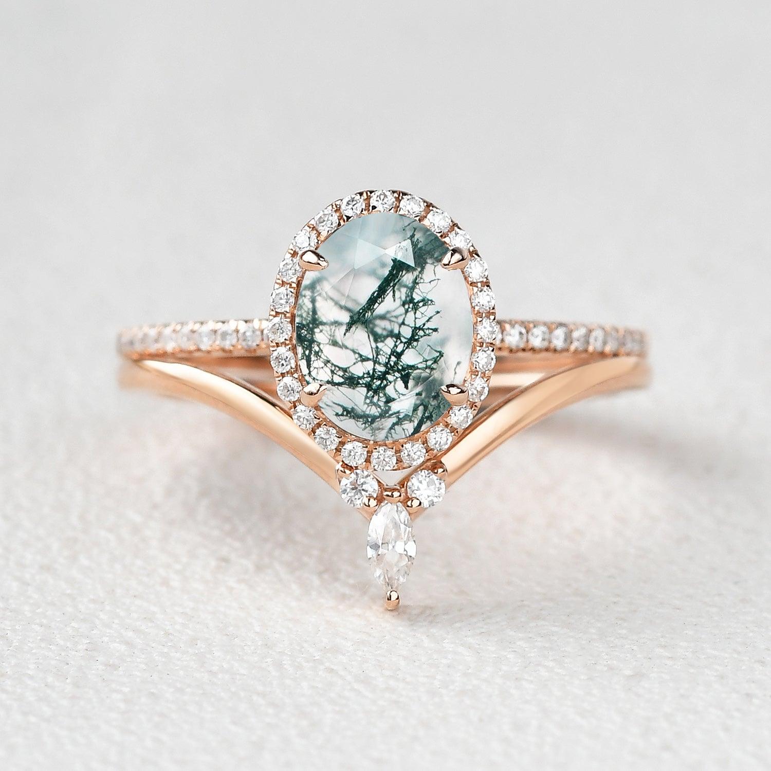 Oval Cut Moss Agate Halo Rose Gold Ring Set 2pcs