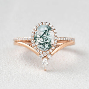 Oval Cut Moss Agate Halo Rose Gold Ring Set 2pcs