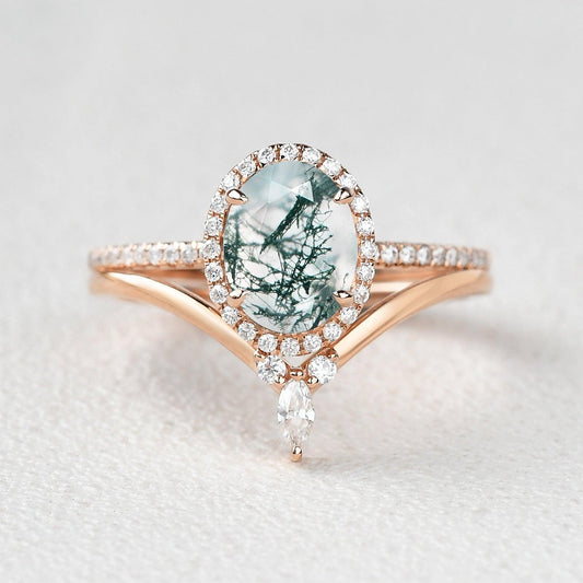 Oval Cut Moss Agate Halo Rose Gold Ring Set 2pcs