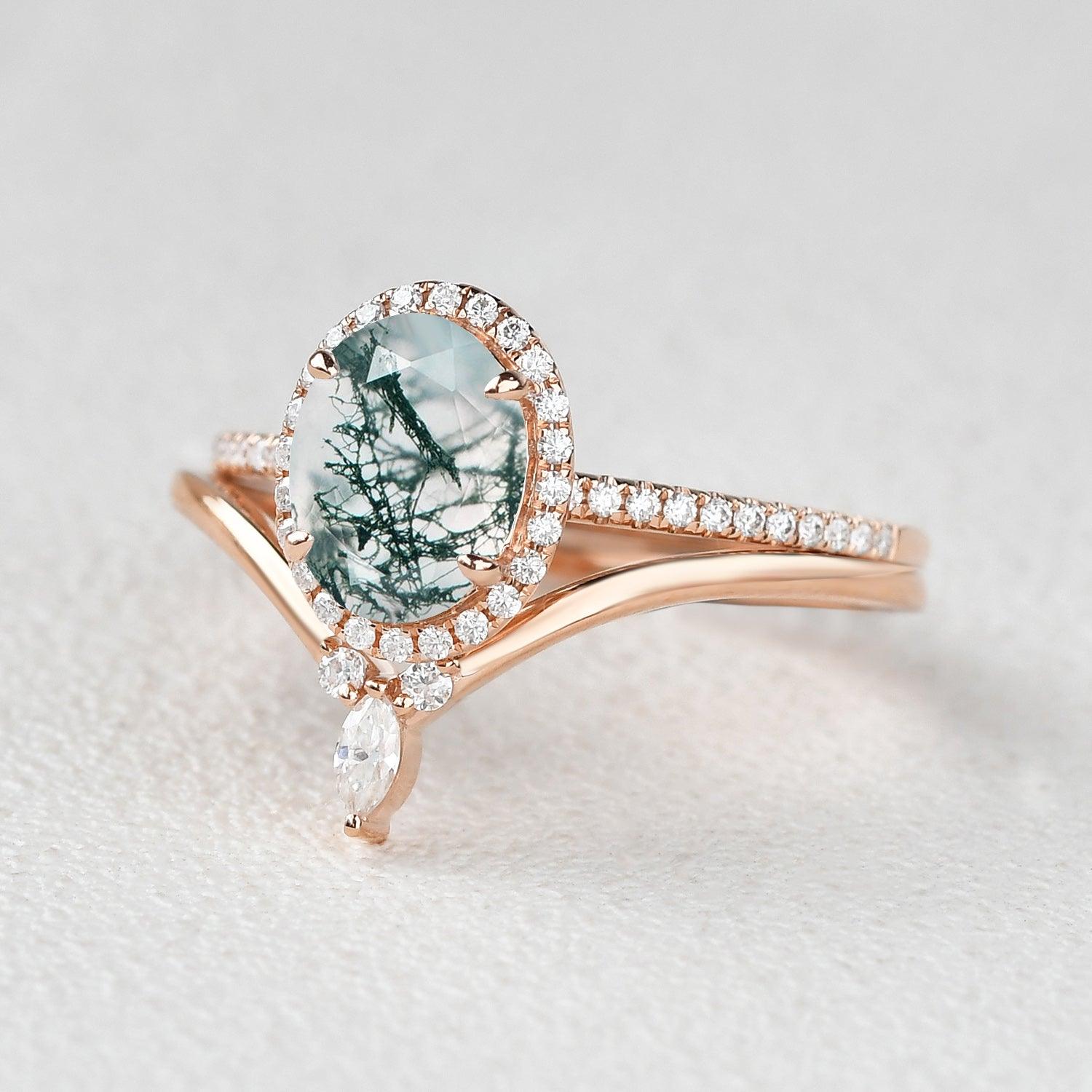Oval Cut Moss Agate Halo Rose Gold Ring Set 2pcs