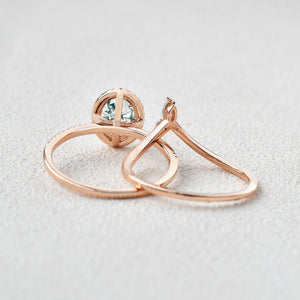 Oval Cut Moss Agate Halo Rose Gold Ring Set 2pcs