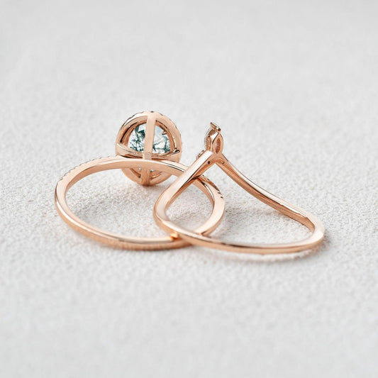 Oval Cut Moss Agate Halo Rose Gold Ring Set 2pcs