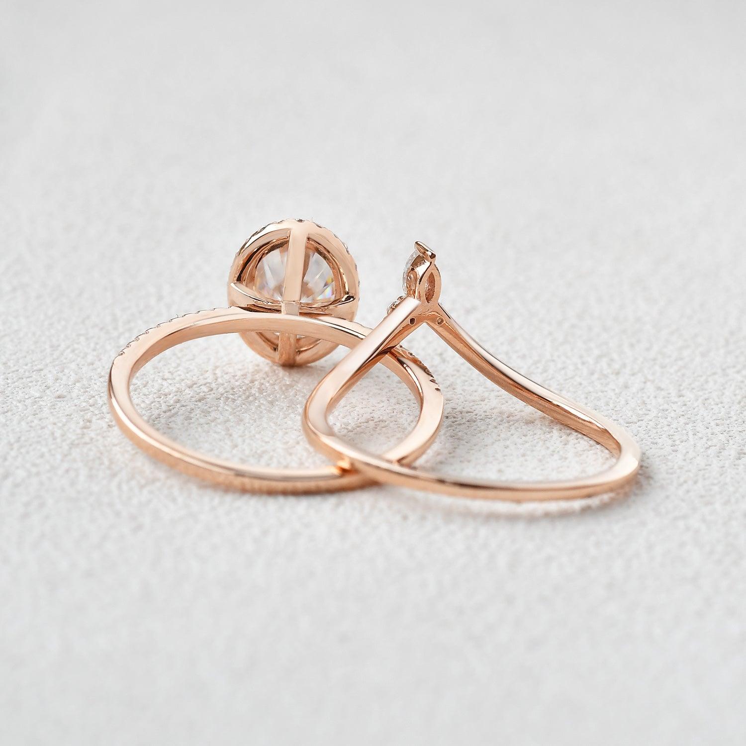 Oval Cut Moss Agate Halo Rose Gold Ring Set 2pcs