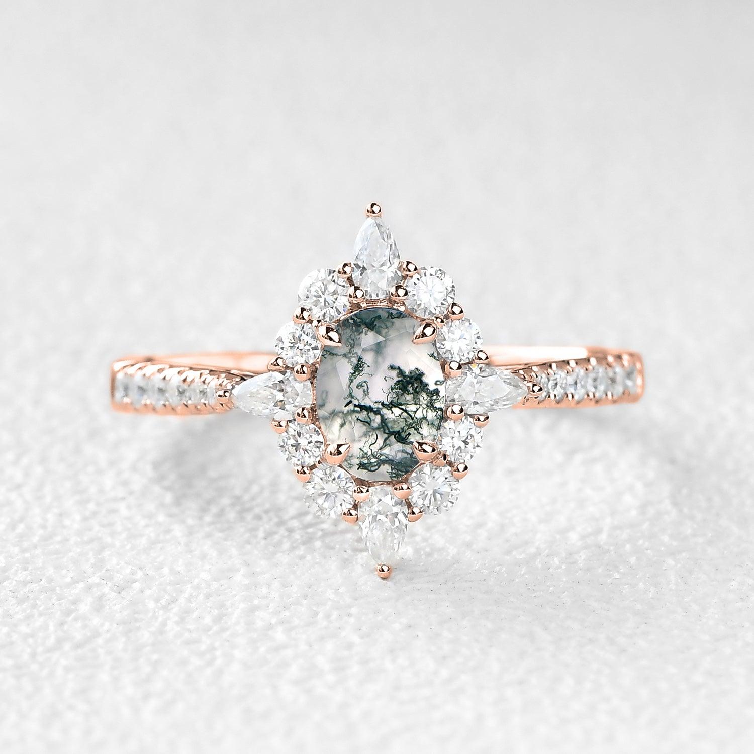 Oval Cut Vintage Moss Agate Halo Engagement Ring