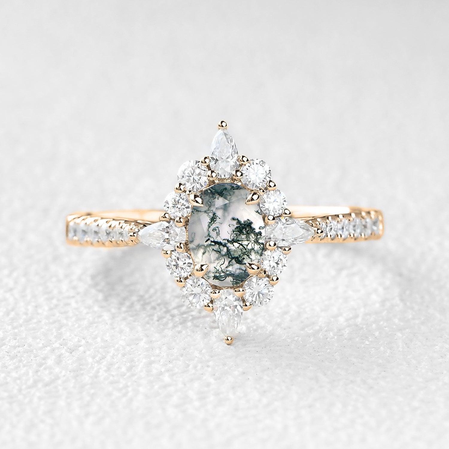 Oval Cut Vintage Moss Agate Halo Engagement Ring