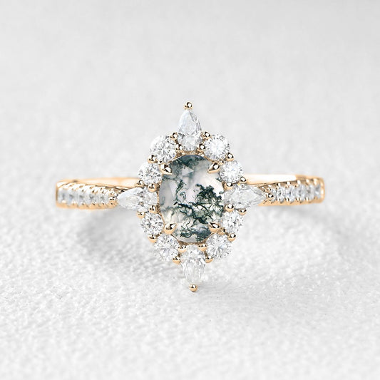 Oval Cut Vintage Moss Agate Halo Engagement Ring