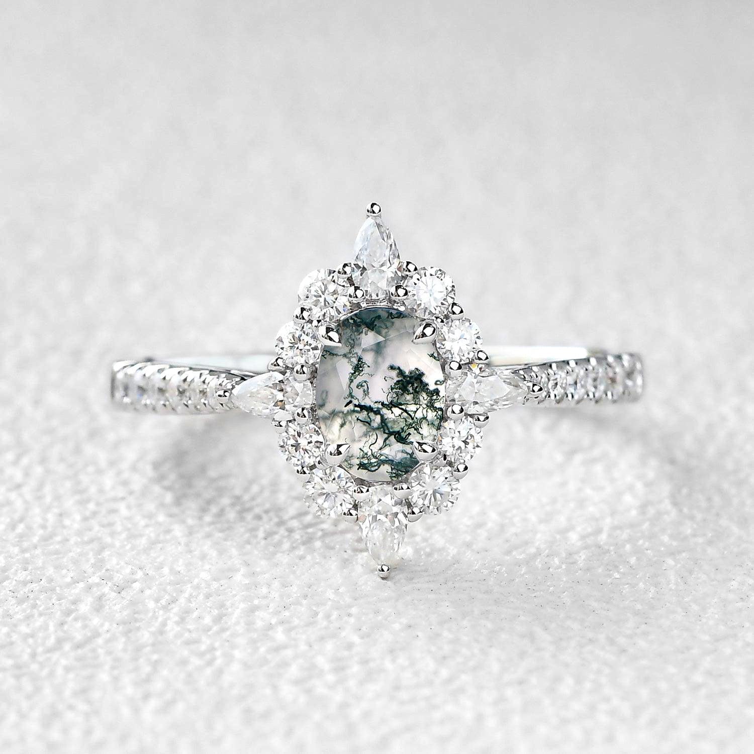 Oval Cut Vintage Moss Agate Halo Engagement Ring
