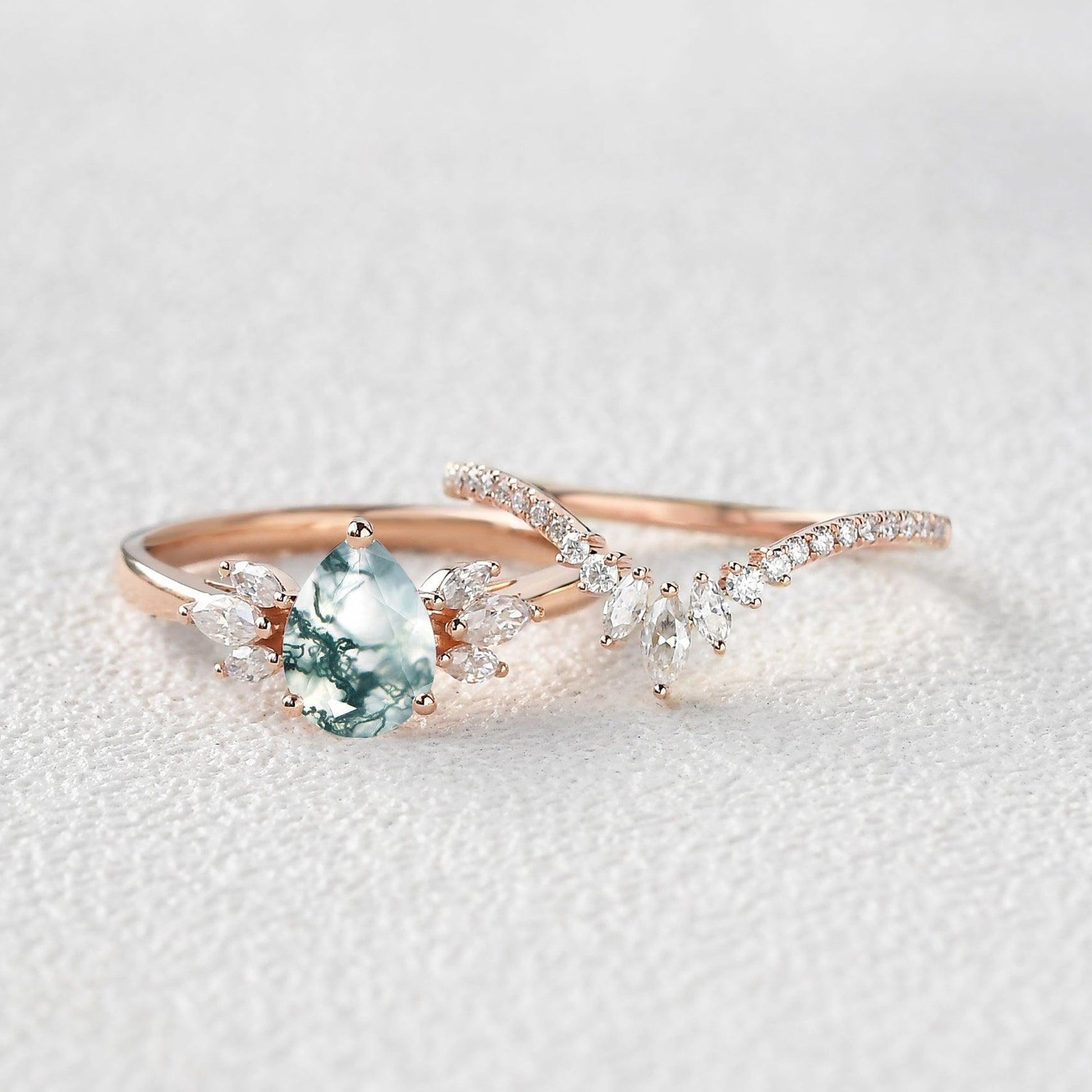 Fairy Ring - 1.5ct Pear Shaped Moss Agate Butterfly Cluster Ring Set 2pcs