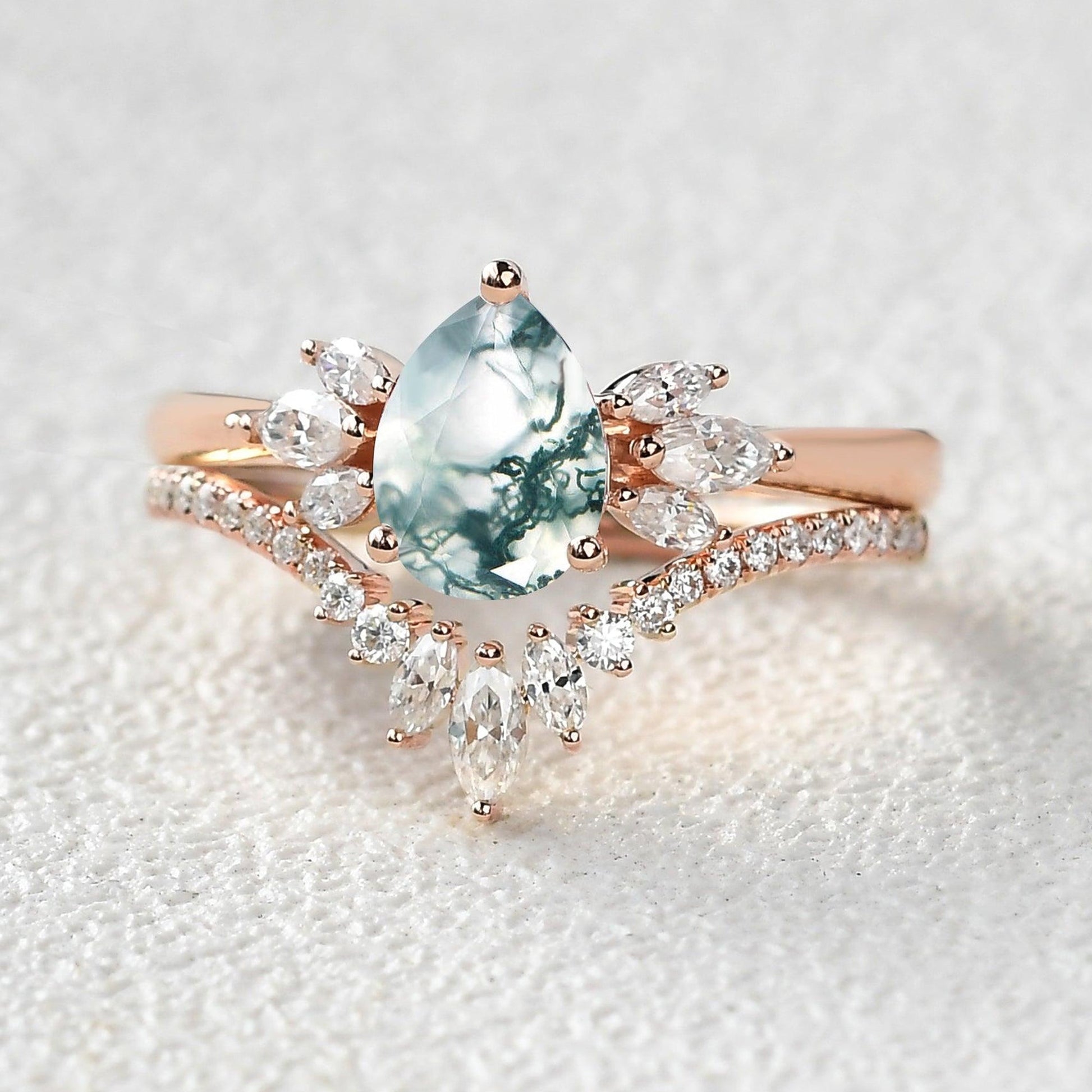 Fairy Ring - 1.5ct Pear Shaped Moss Agate Butterfly Cluster Ring Set 2pcs
