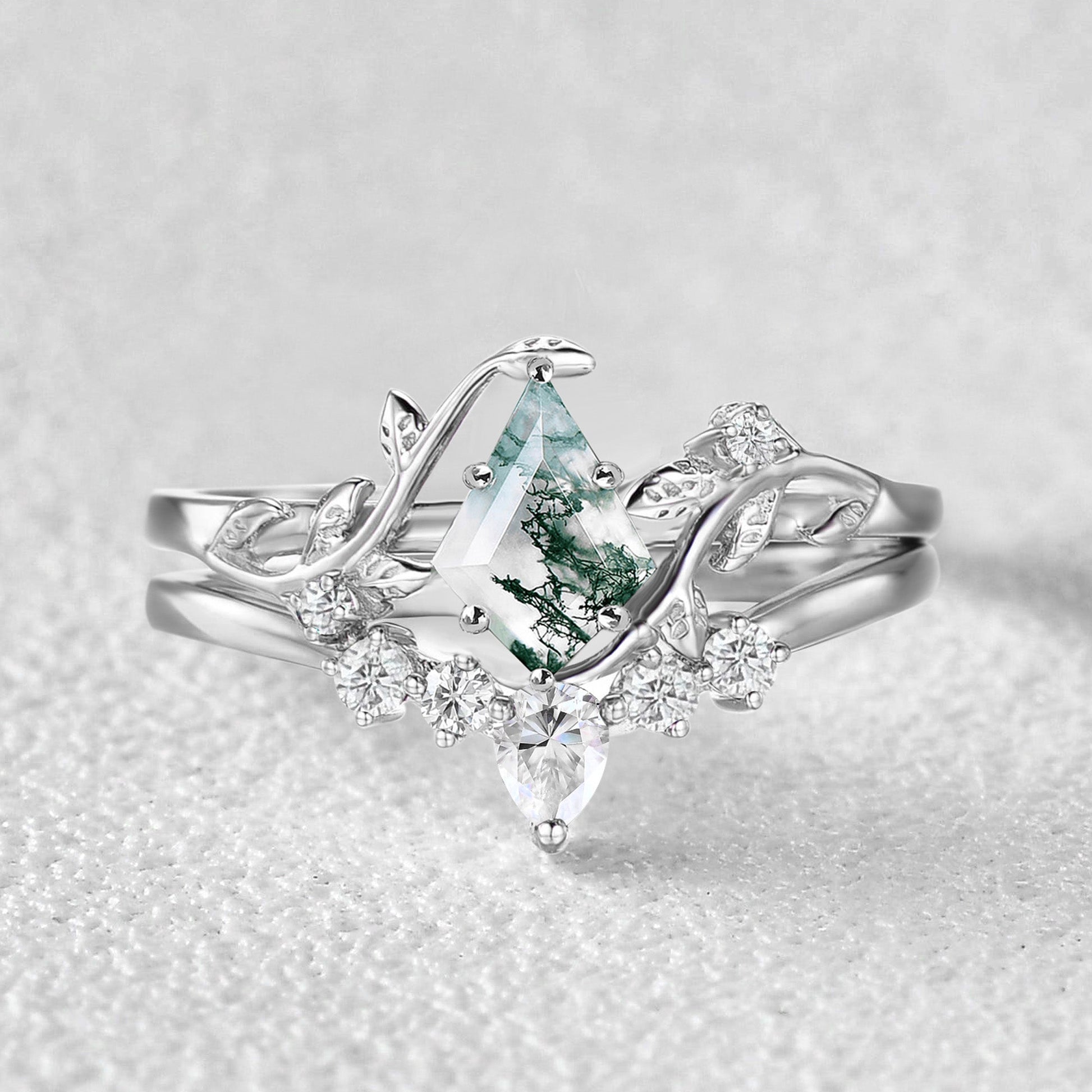 Nature Inspired - Unique Kite Cut Moss Agate Leafy Couple Ring Set 3pcs - Willow