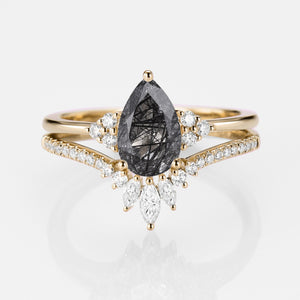 1.5ct Signature Pear Vintage Moss Agate Engagement Ring Set 2pcs - Lydia