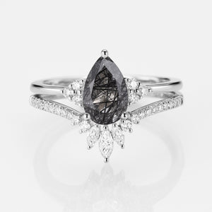 1.5ct Signature Pear Vintage Moss Agate Engagement Ring Set 2pcs - Lydia