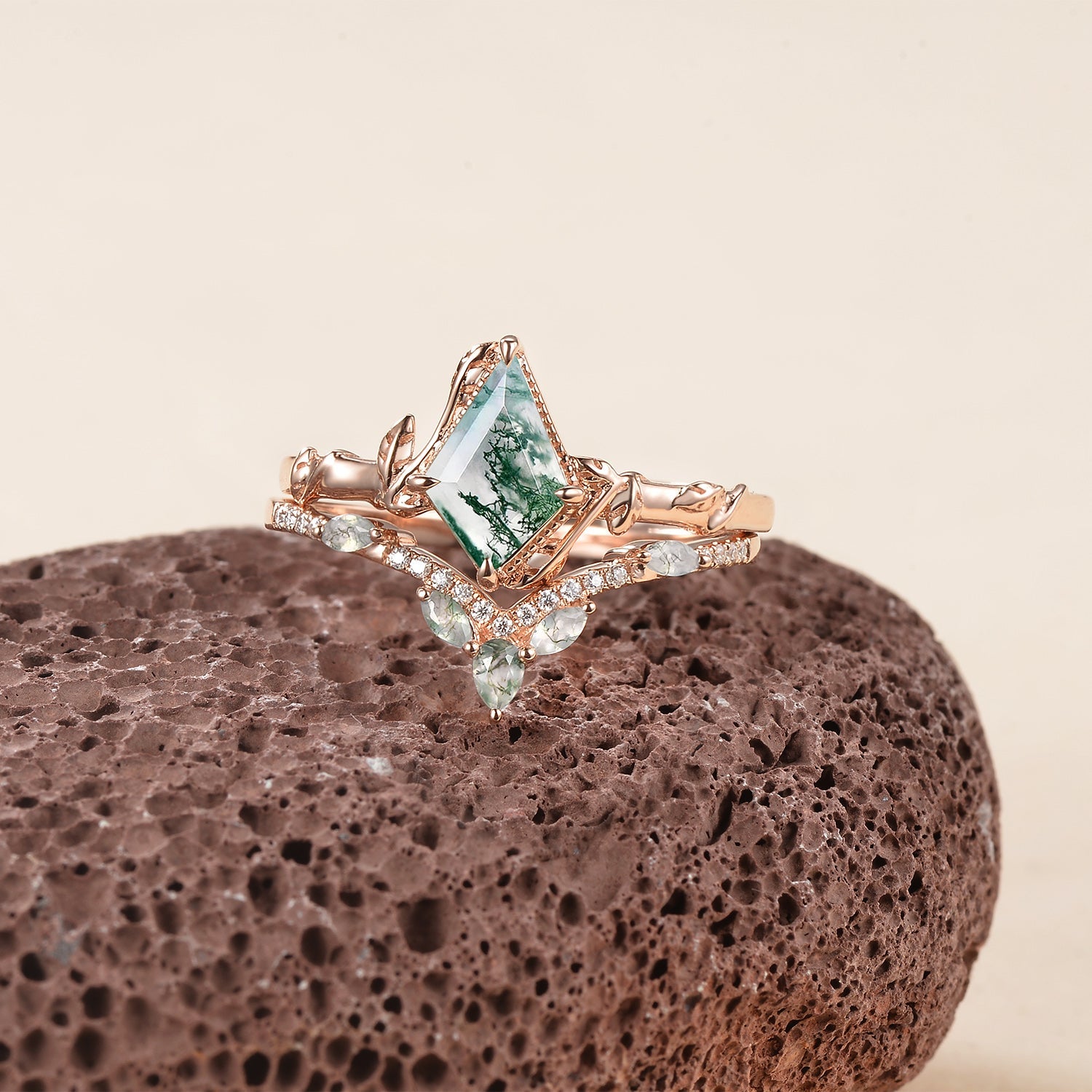 Lark Kite Cut Moss Agate Leafy Engagement Ring Sets 2pcs