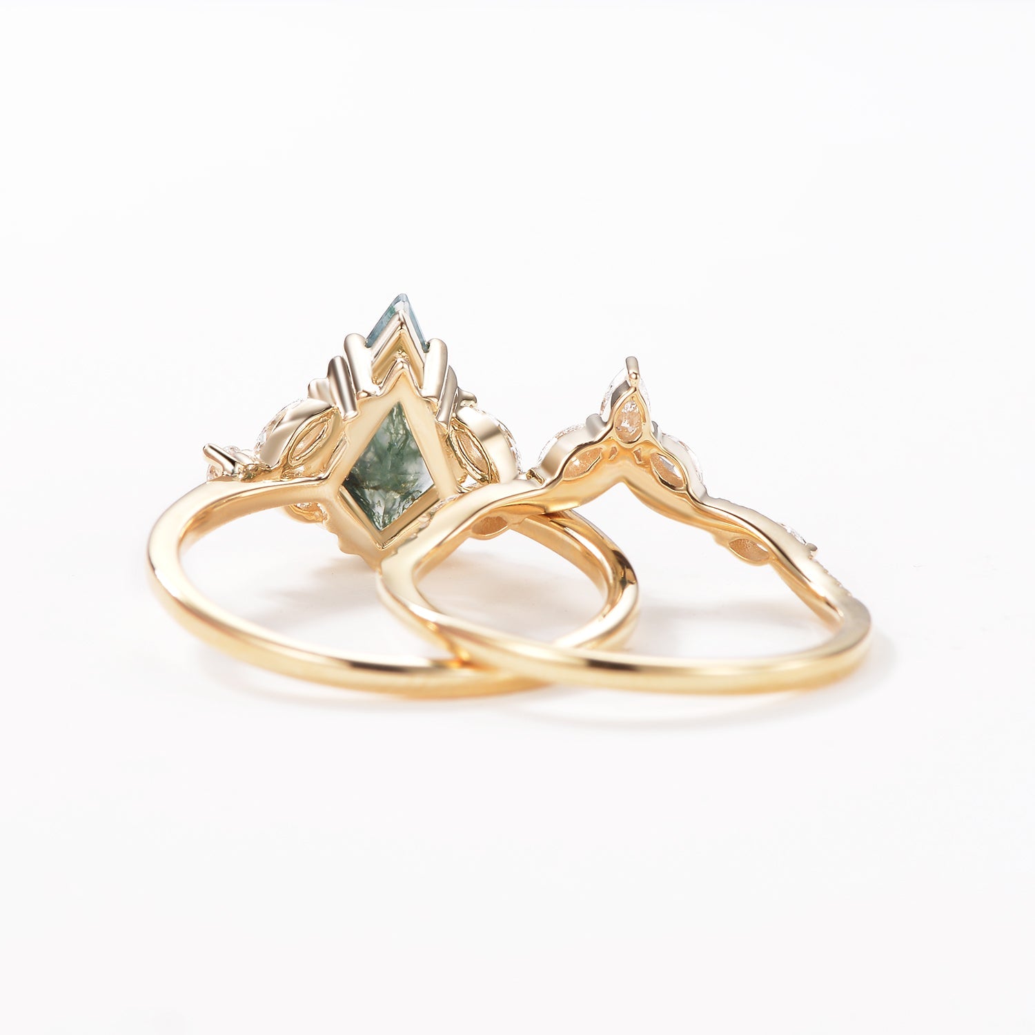 Moss Agate Cluster Engagement Ring Set 2pcs