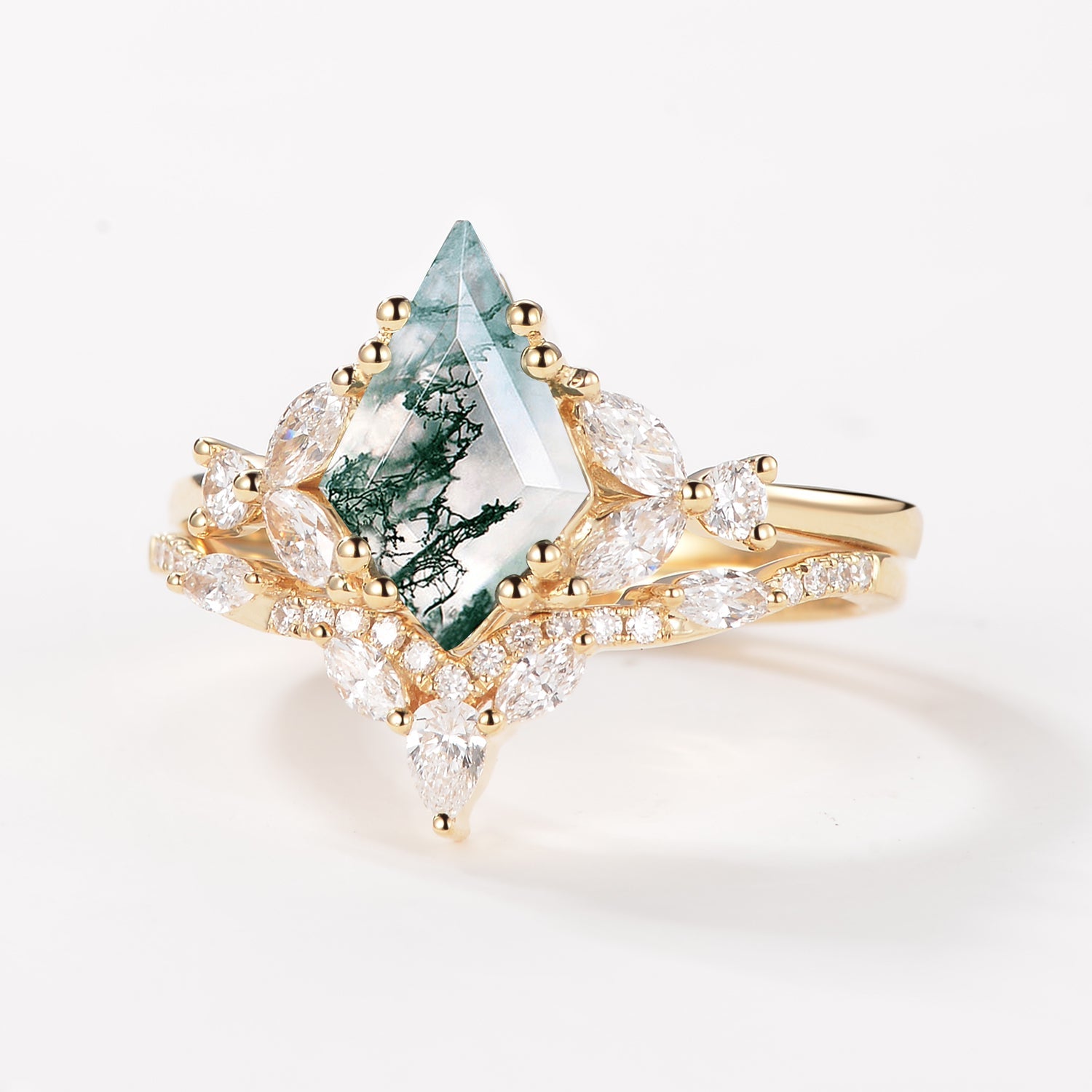 Moss Agate Cluster Engagement Ring Set 2pcs