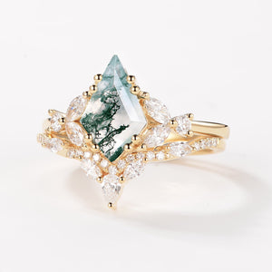 Moss Agate Cluster Engagement Ring Set 2pcs