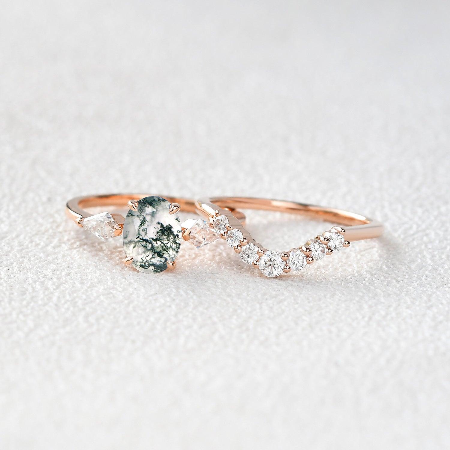 Oval Moss Agate Three Stone Twinning Kites Engagement Ring Set 2pcs