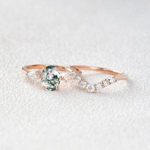 Oval Moss Agate Three Stone Twinning Kites Engagement Ring Set 2pcs