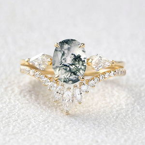 1.5ct Oval Moss Agate Kite Three Stones Engagement Ring Set 2pcs
