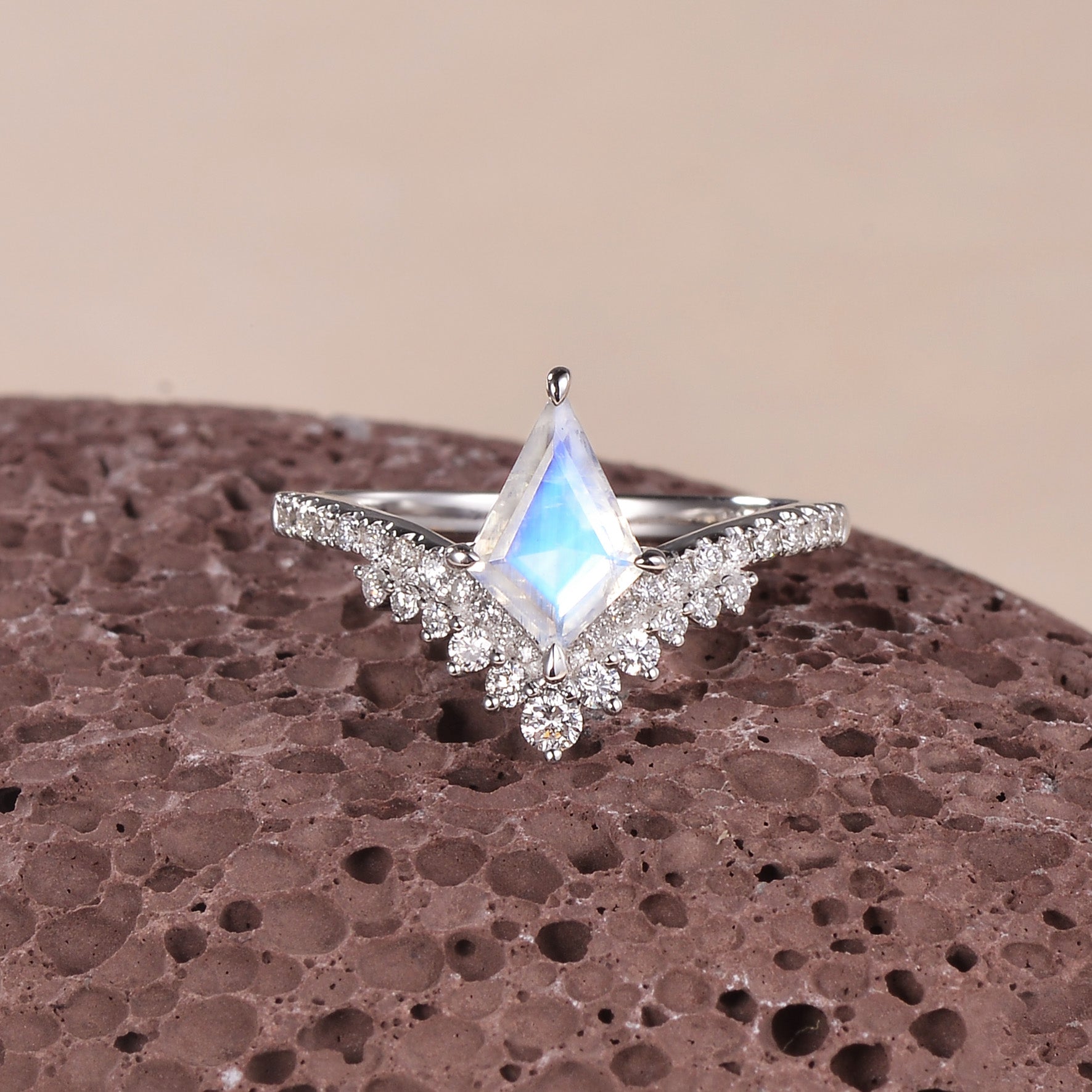 Nature Inspired Kite Cut Moss Agate Cluster Engagement Ring