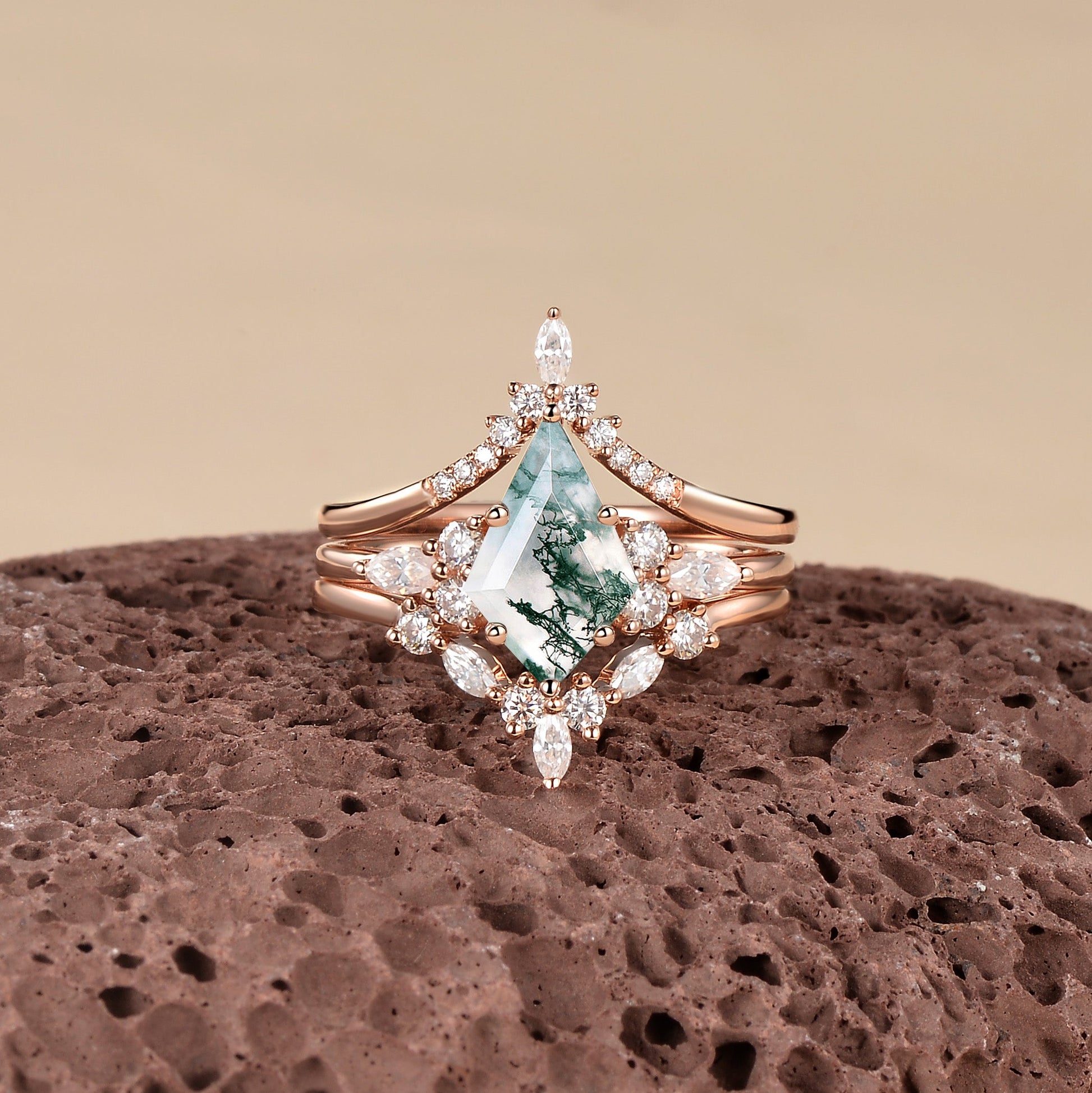Unique Kite Cut Moss Agate Chevron Engagement Ring Set 3pcs - Kinsley
