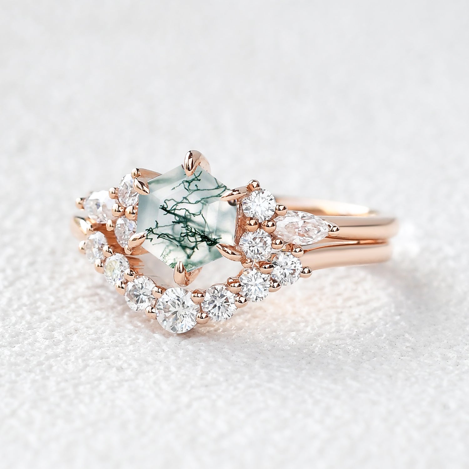 1.0ct Hexagon Moss Agate Cluster Engagement Ring Set 2pcs