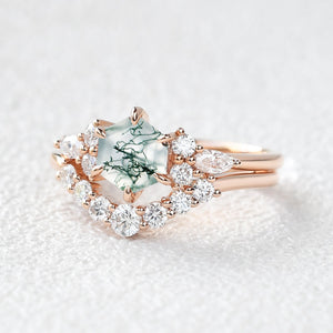 1.0ct Hexagon Moss Agate Cluster Engagement Ring Set 2pcs