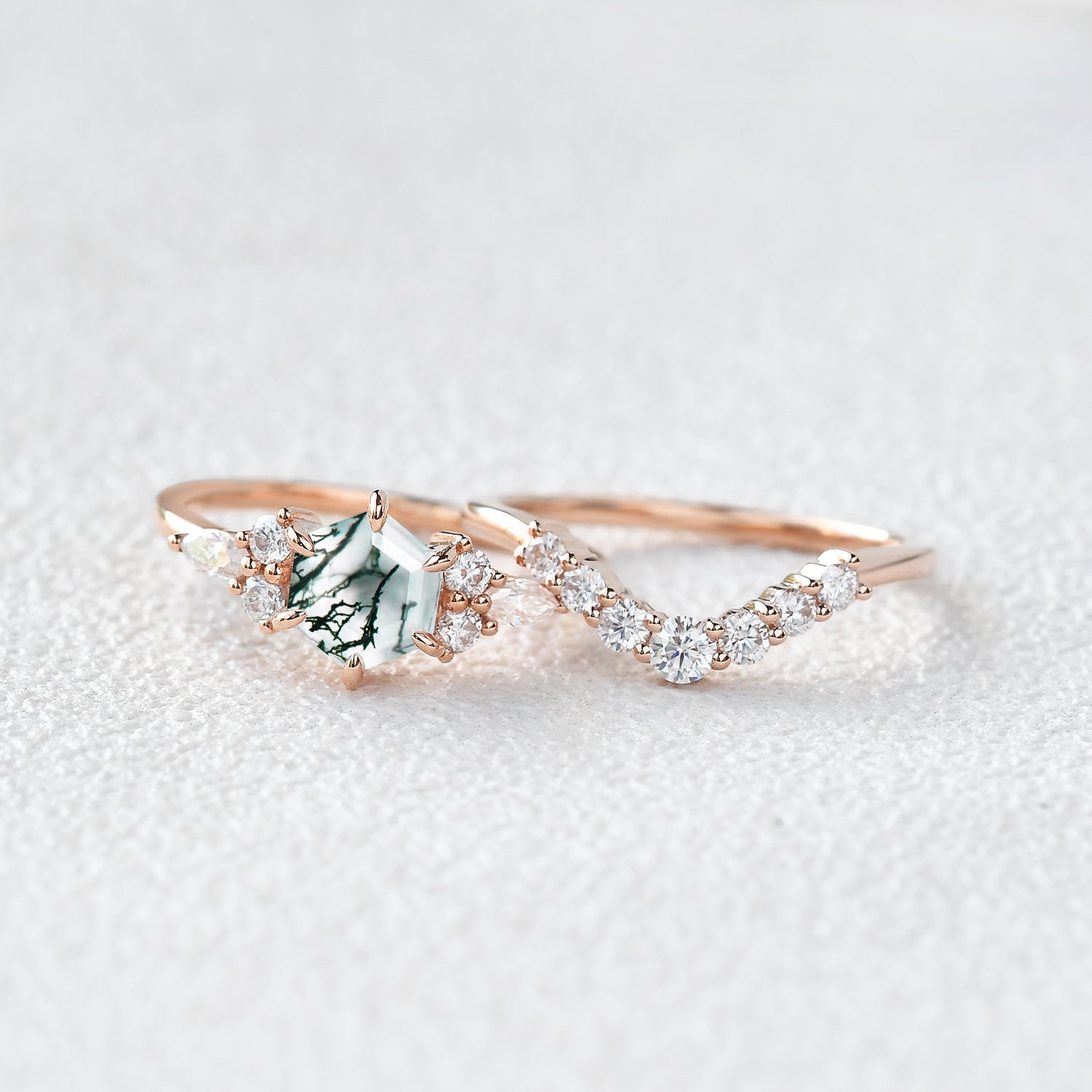 1.0ct Hexagon Moss Agate Cluster Engagement Ring Set 2pcs