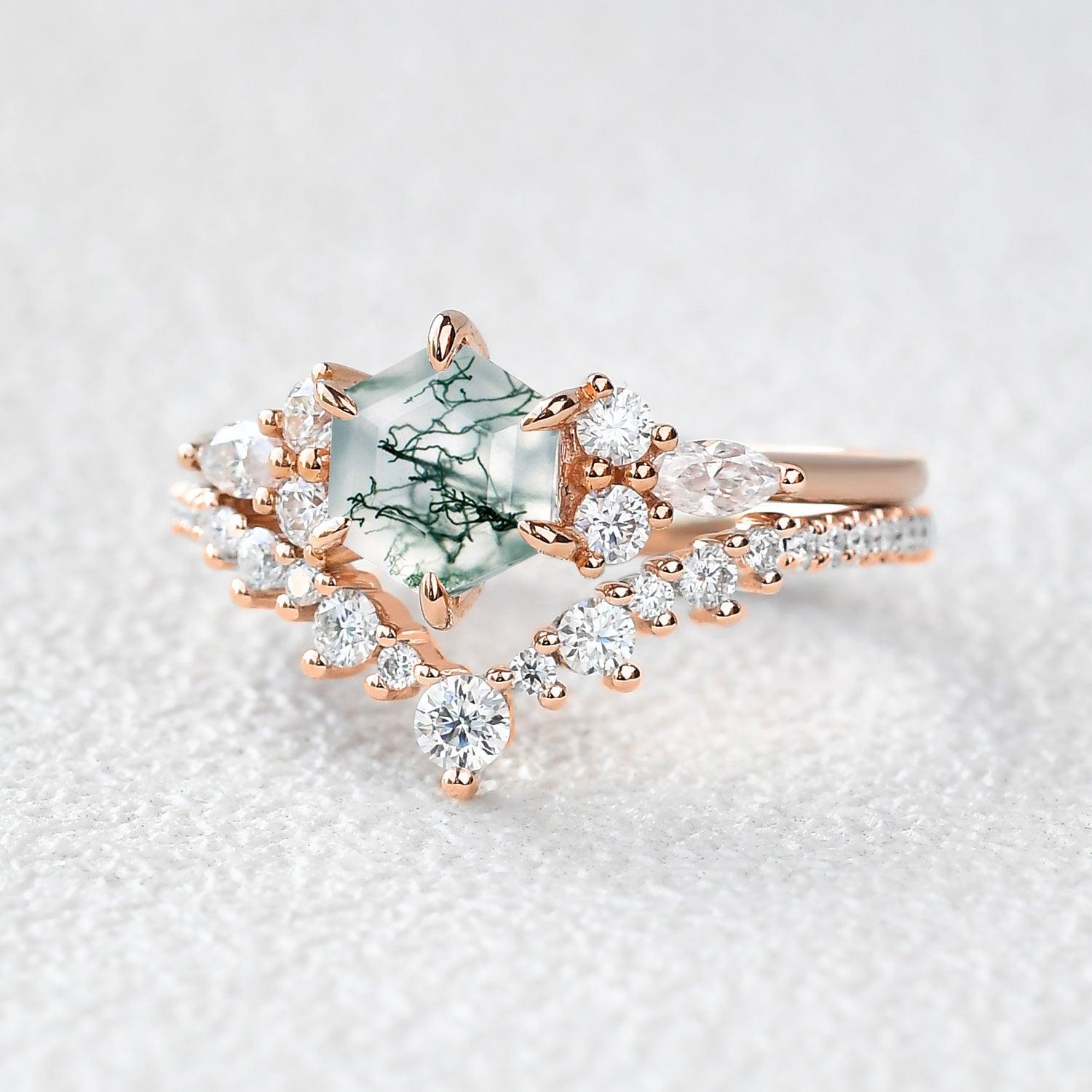 Vintage Hexagon Cut Moss Agate Engagement Ring Set 2pcs - Inaya