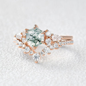 Vintage Hexagon Cut Moss Agate Engagement Ring Set 2pcs - Inaya