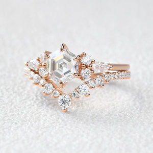 Vintage Hexagon Cut Moss Agate Engagement Ring Set 2pcs - Inaya