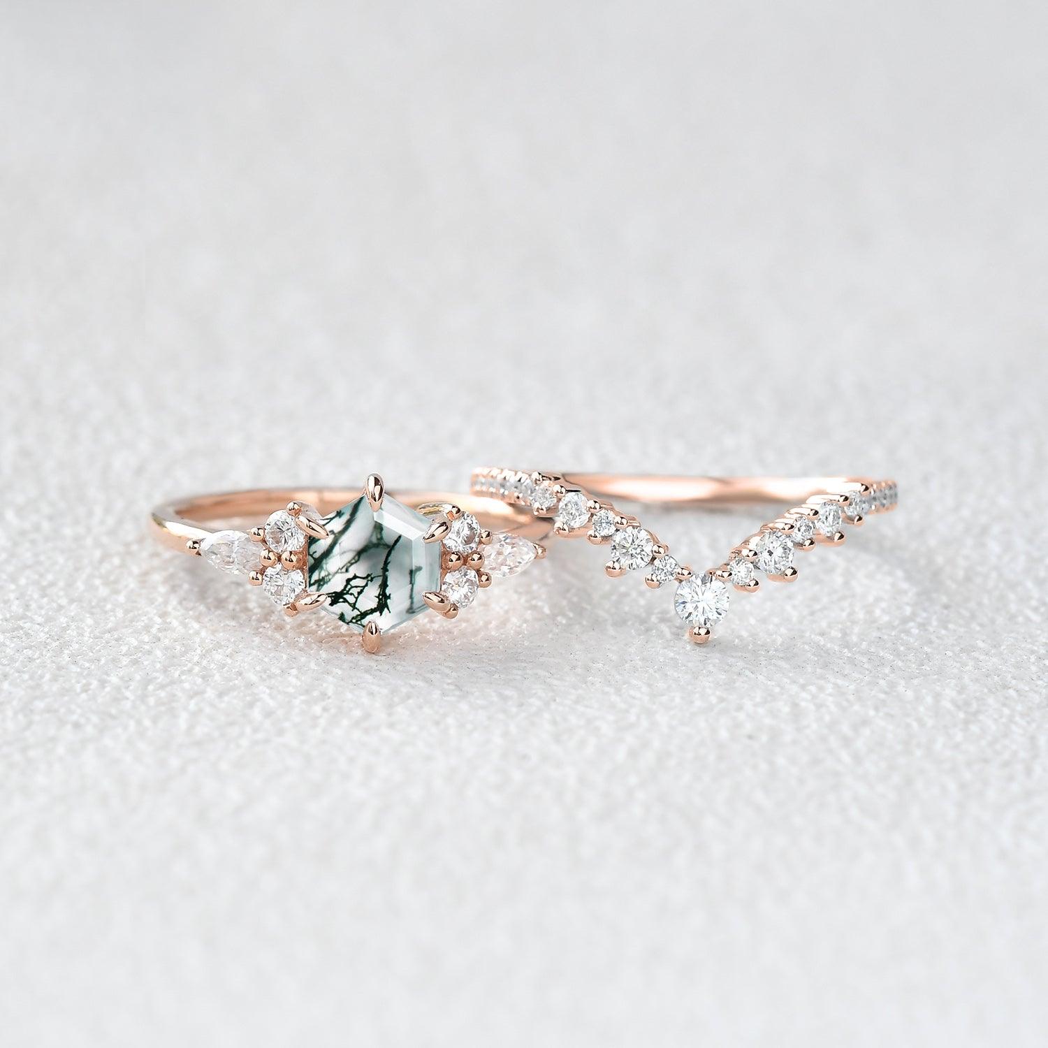Vintage Hexagon Cut Moss Agate Engagement Ring Set 2pcs - Inaya