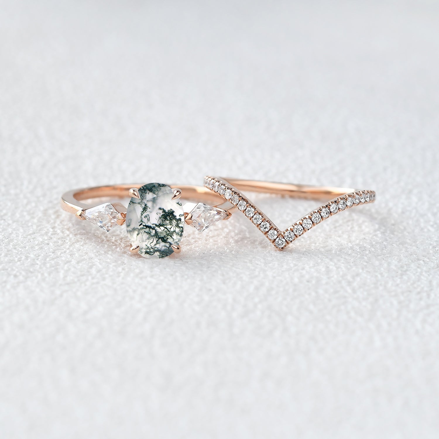 1.5ct Oval Moss Agate Three Stones Chevron Engagement Ring Set 2pcs