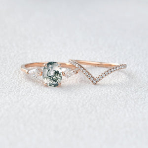 1.5ct Oval Moss Agate Three Stones Chevron Engagement Ring Set 2pcs