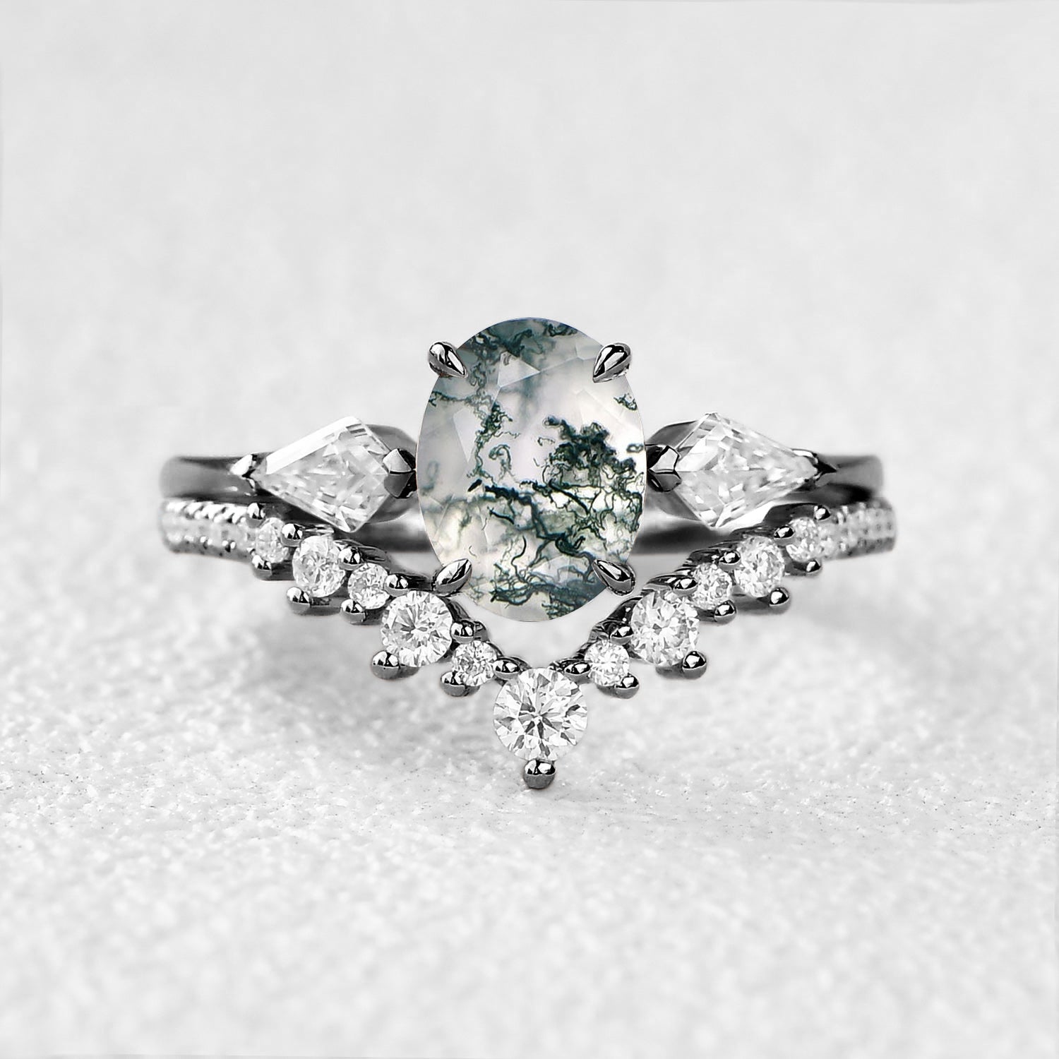 1.5ct Oval Moss Agate Three Stones Engagement Ring Set 2pcs