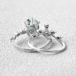 2.0ct Oval Cut Moss Agate Rose Gold Vine Leafy Ring Set 2pcs