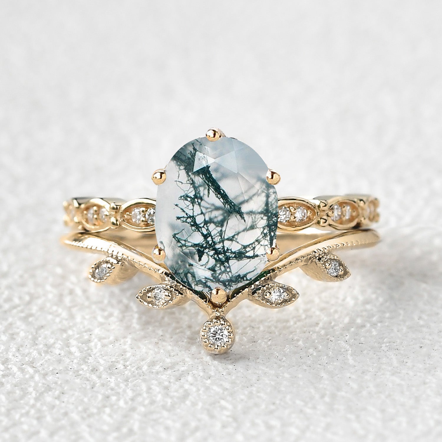 2.0ct Oval Cut Moss Agate Rose Gold Vine Leafy Ring Set 2pcs