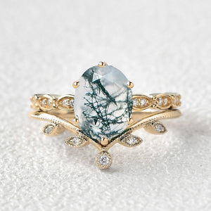 2.0ct Oval Cut Moss Agate Rose Gold Vine Leafy Ring Set 2pcs